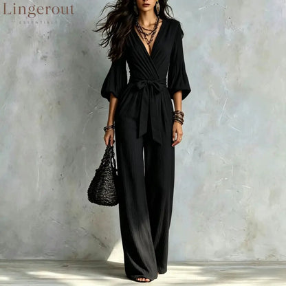 V‑Neck Wrap Belted Textured Wide‑Leg Jumpsuit With Balloon Sleeves - Black / S