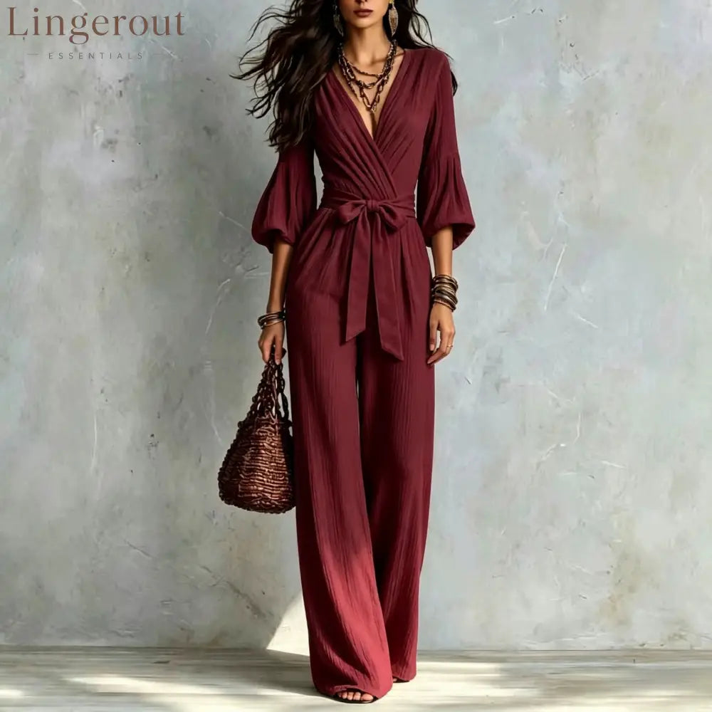 V‑Neck Wrap Belted Textured Wide‑Leg Jumpsuit With Balloon Sleeves - Burgundy / S