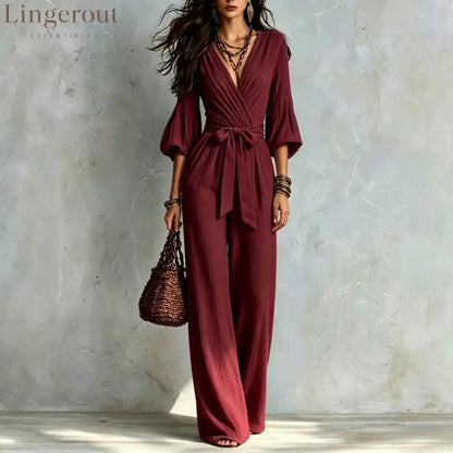 V‑Neck Wrap Belted Textured Wide‑Leg Jumpsuit With Balloon Sleeves - Burgundy / S
