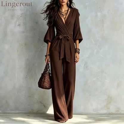 V‑Neck Wrap Belted Textured Wide‑Leg Jumpsuit With Balloon Sleeves - Coffee brown / S