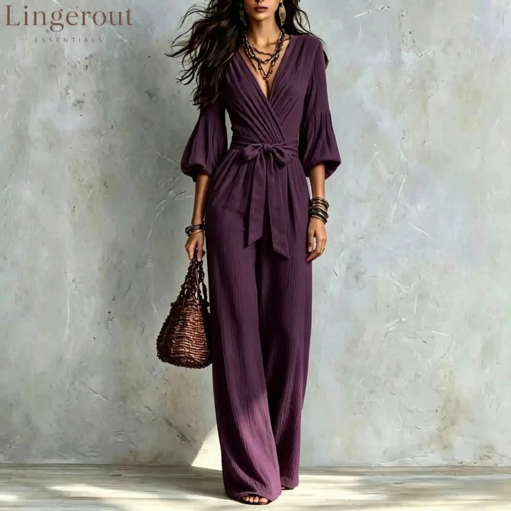 V‑Neck Wrap Belted Textured Wide‑Leg Jumpsuit With Balloon Sleeves - Deep purple / S