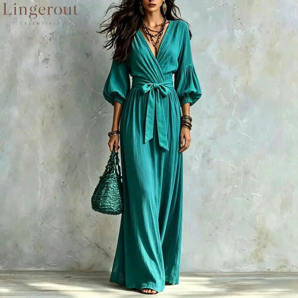 V‑Neck Wrap Belted Textured Wide‑Leg Jumpsuit With Balloon Sleeves - Malachite Green / S
