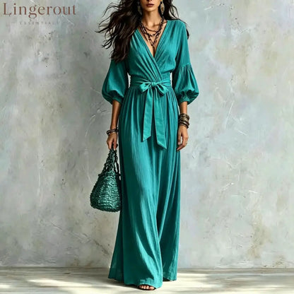 V‑Neck Wrap Belted Textured Wide‑Leg Jumpsuit With Balloon Sleeves - Malachite Green / S