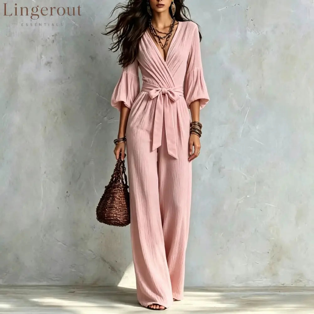 V‑Neck Wrap Belted Textured Wide‑Leg Jumpsuit With Balloon Sleeves - Pink / S
