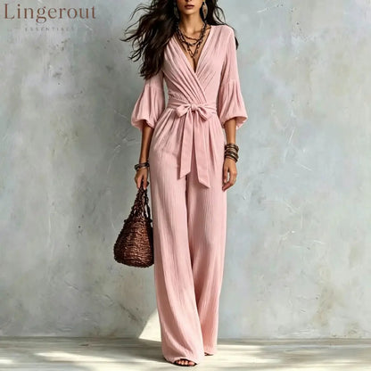 V‑Neck Wrap Belted Textured Wide‑Leg Jumpsuit With Balloon Sleeves - Pink / S
