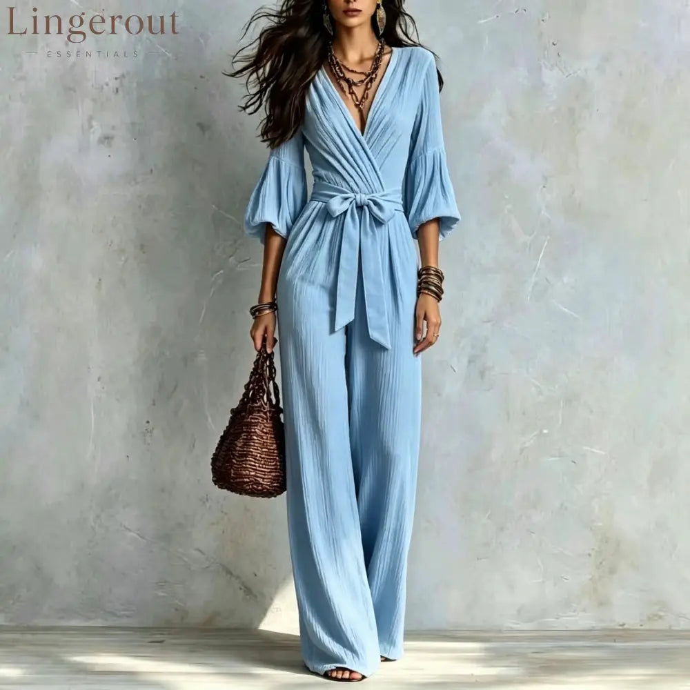 V‑Neck Wrap Belted Textured Wide‑Leg Jumpsuit With Balloon Sleeves - Sky blue / S