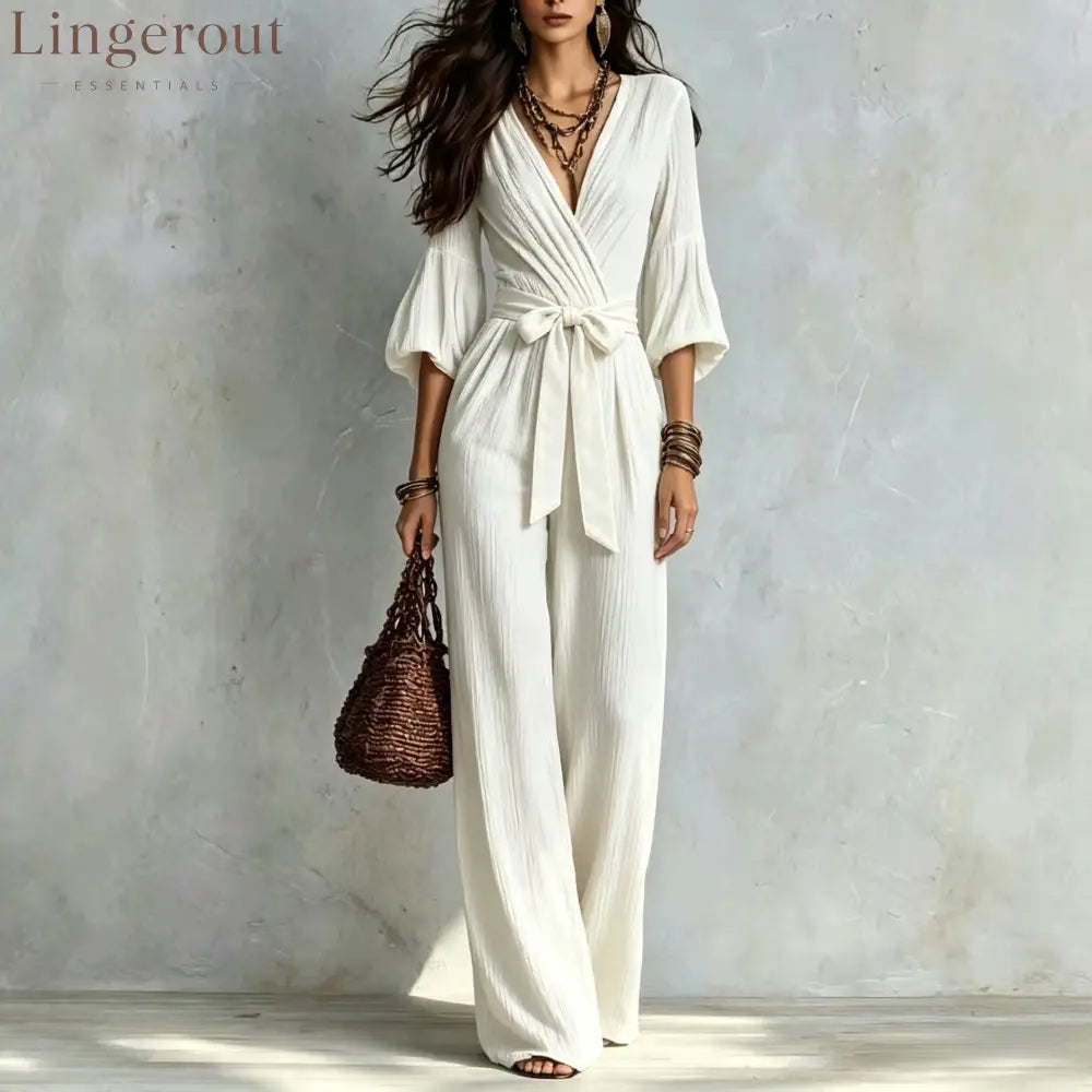 V‑Neck Wrap Belted Textured Wide‑Leg Jumpsuit With Balloon Sleeves - White / S