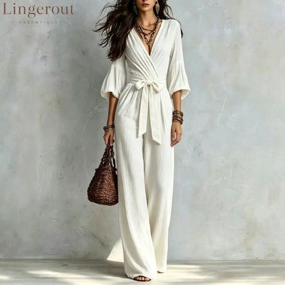 V‑Neck Wrap Belted Textured Wide‑Leg Jumpsuit With Balloon Sleeves - White / S