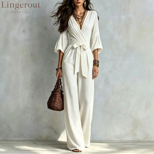 V‑Neck Wrap Belted Textured Wide‑Leg Jumpsuit With Balloon Sleeves - White / S