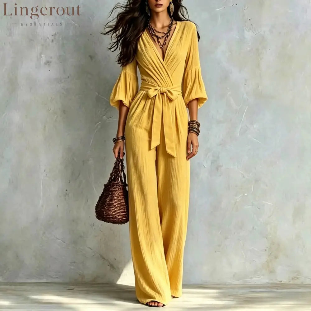 V‑Neck Wrap Belted Textured Wide‑Leg Jumpsuit With Balloon Sleeves - Yellow / S