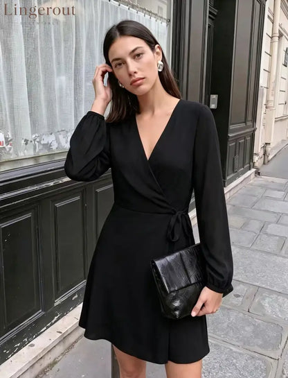 V-Neck Wrap Mini Dress - Black / S