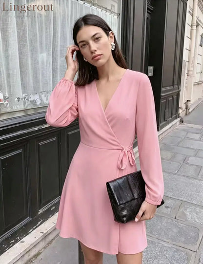 V-Neck Wrap Mini Dress - Pink / S