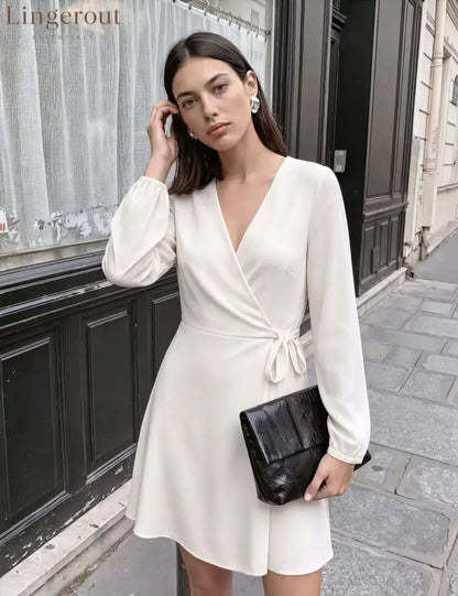 V-Neck Wrap Mini Dress - White / S