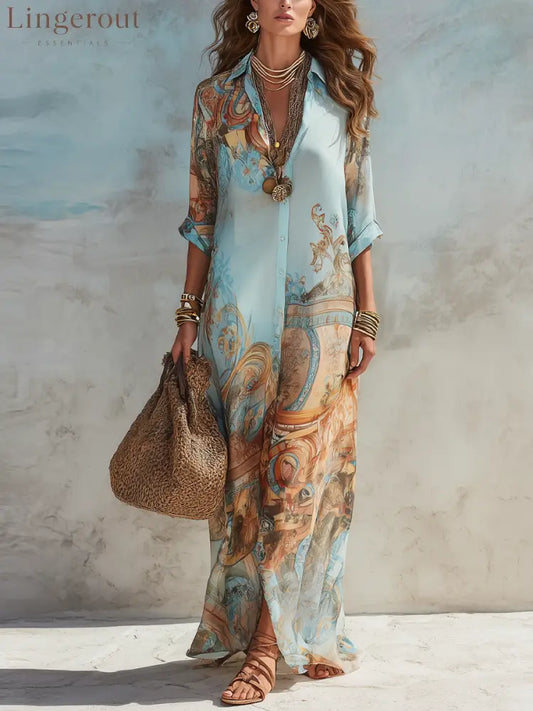 Vacation Blue Floral Print Shirt Maxi Dress - Blue / XS(2)