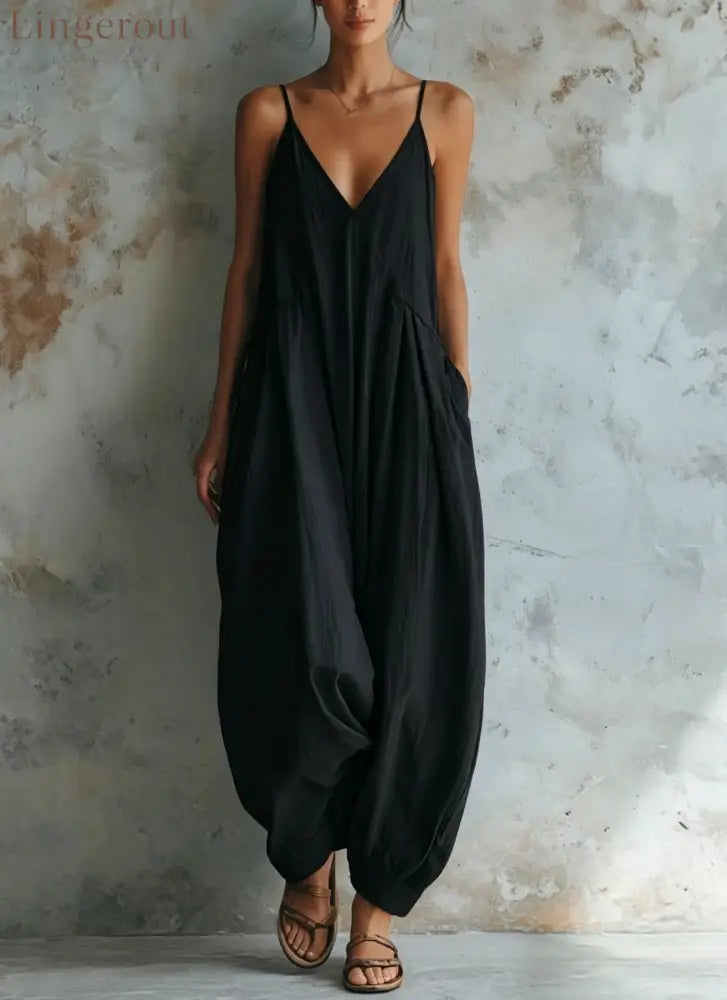 Vacation Casual V-neck Jumpsuit - Black / S