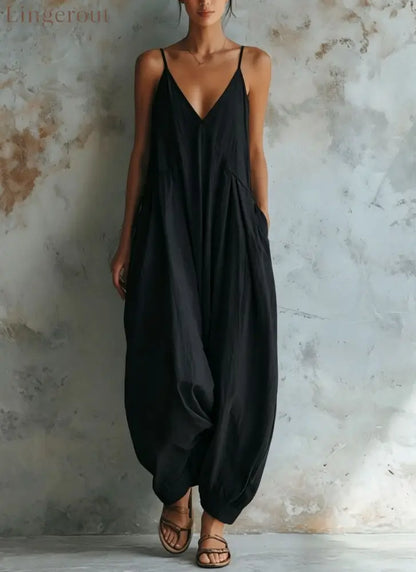 Vacation Casual V-neck Jumpsuit - Black / S