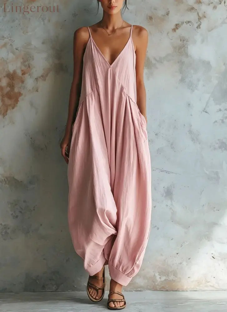 Vacation Casual V-neck Jumpsuit - Pink / S