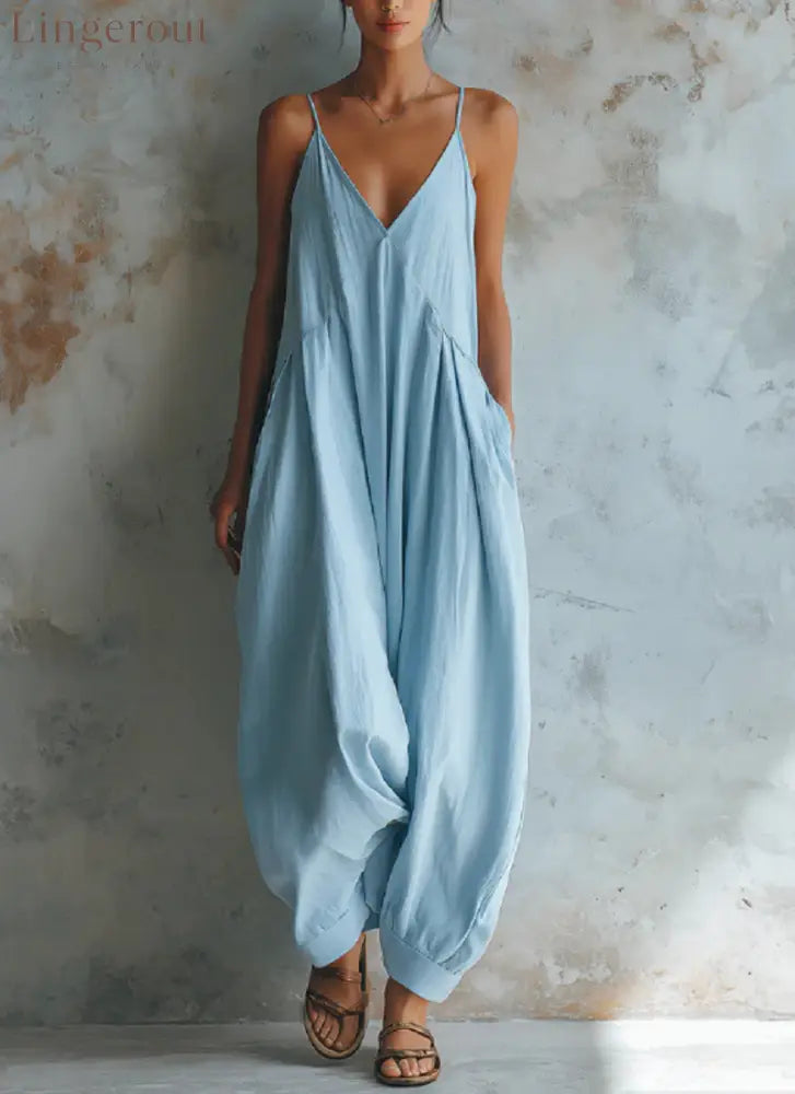 Vacation Casual V-neck Jumpsuit - Sky blue / S