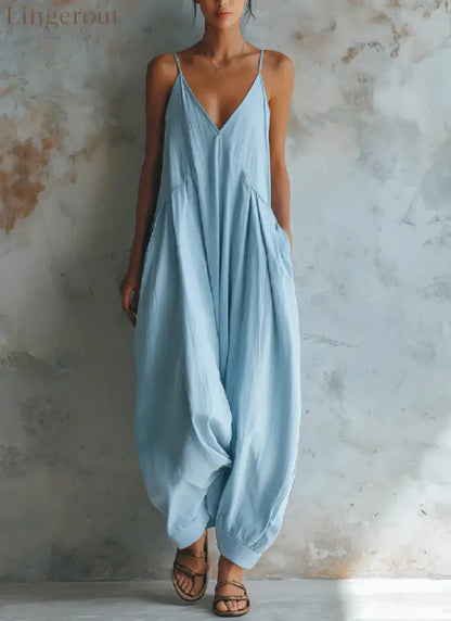Vacation Casual V-neck Jumpsuit - Sky blue / S