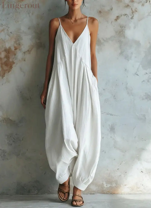 Vacation Casual V-neck Jumpsuit - White / S