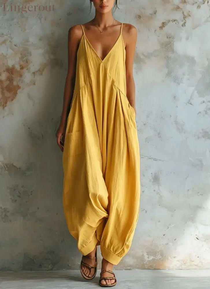 Vacation Casual V-neck Jumpsuit - Yellow / S