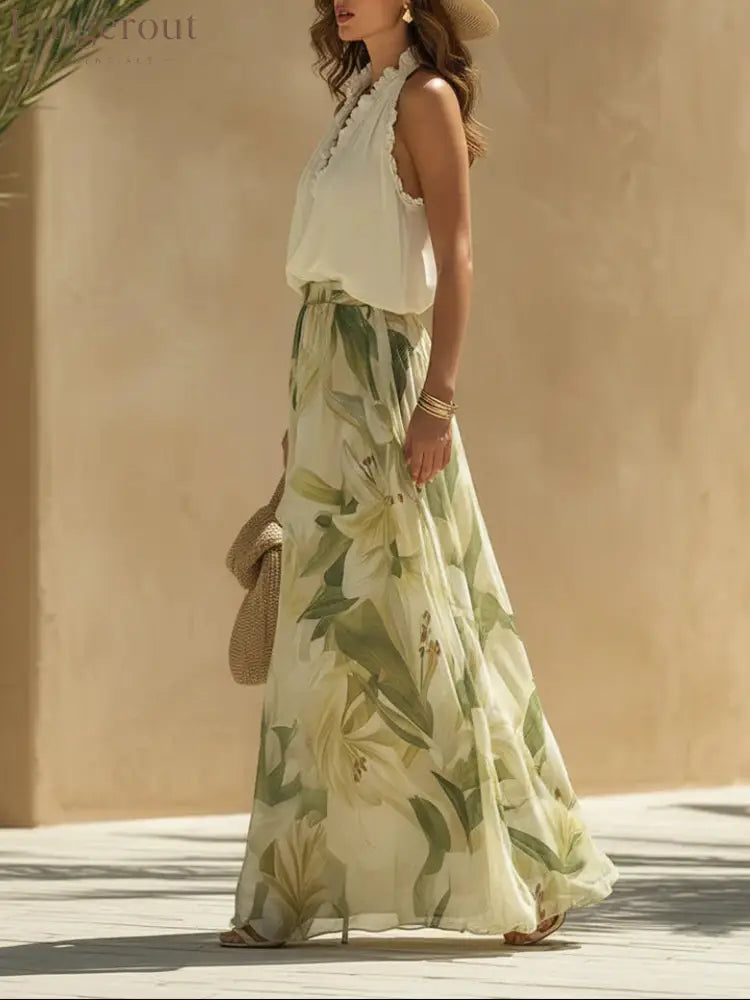 Vacation Chiffon Ruffled Sleeveless Top And Lily Print Pants Set