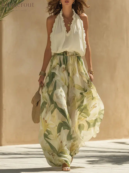 Vacation Chiffon Ruffled Sleeveless Top And Lily Print Pants Set - Green / S