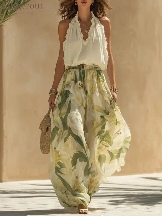 Vacation Chiffon Ruffled Sleeveless Top And Lily Print Pants Set - Green / S