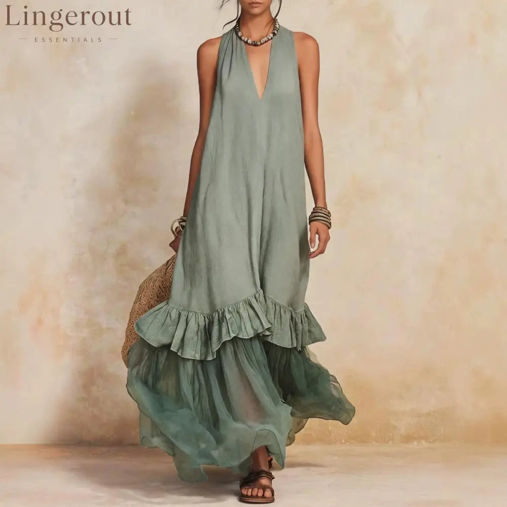 Vacation Halter Linen Maxi Dress