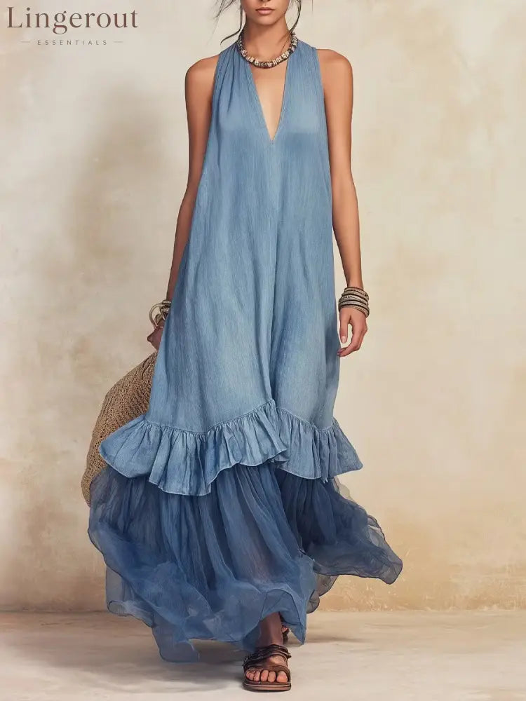 Vacation Halter Linen Maxi Dress - Blue / S