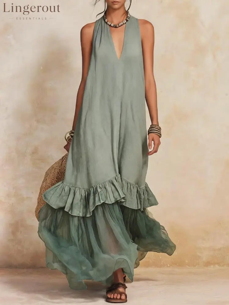 Vacation Halter Linen Maxi Dress - Green / S