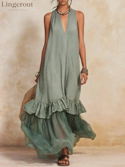 Vacation Halter Linen Maxi Dress - Green / S