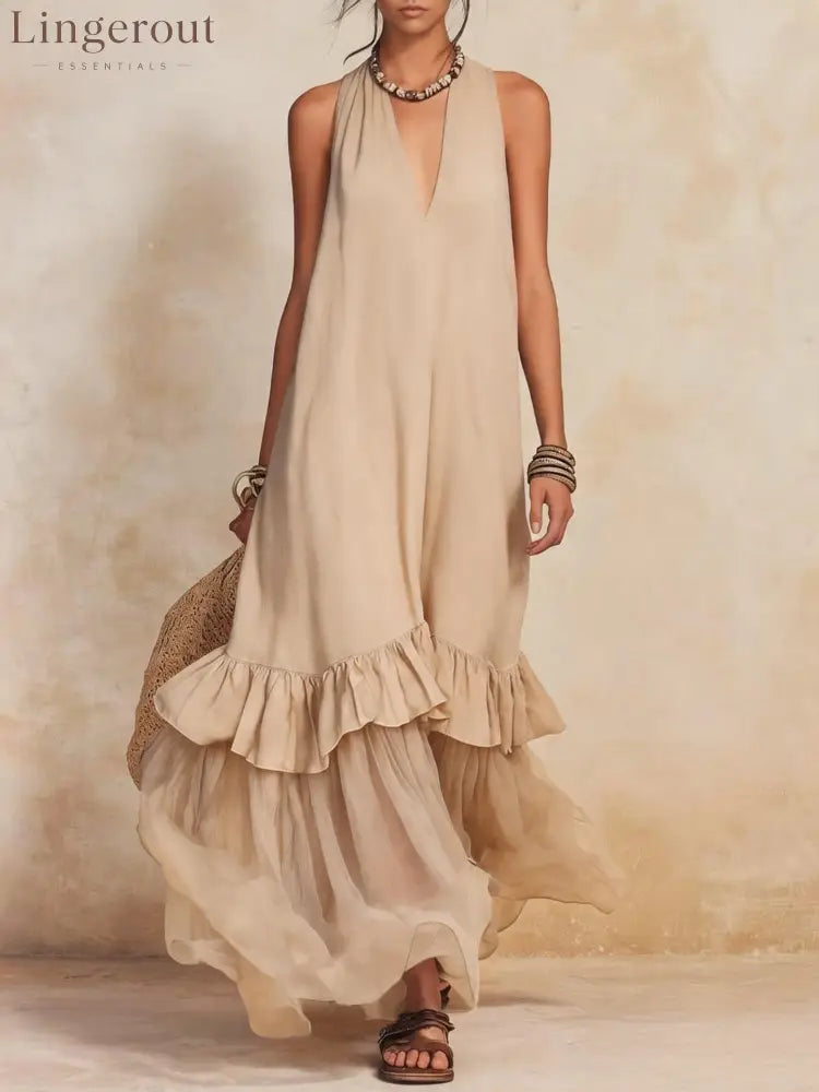 Vacation Halter Linen Maxi Dress - Khaki / S
