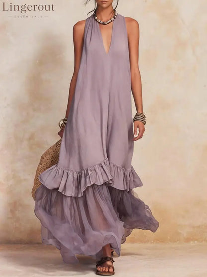 Vacation Halter Linen Maxi Dress - Purple / S