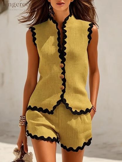 Vacation-Style Sleeveless Color-Block Top And Shorts Set - Yellow / XS