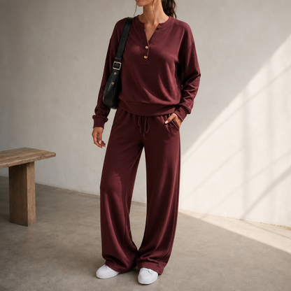 Women Henley Wide-Leg Two-Piece Lounge Set