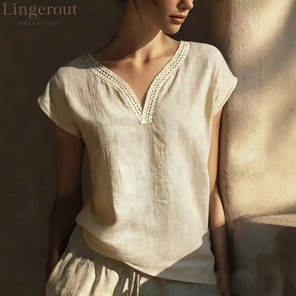 VChics Boho Vintage Lace V-neck Cotton Blend Shirt - Beige / S