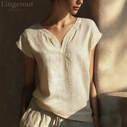 VChics Boho Vintage Lace V-neck Cotton Blend Shirt - Beige / S