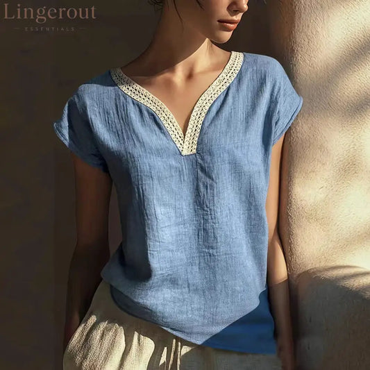 VChics Boho Vintage Lace V-neck Cotton Blend Shirt - Blue / S