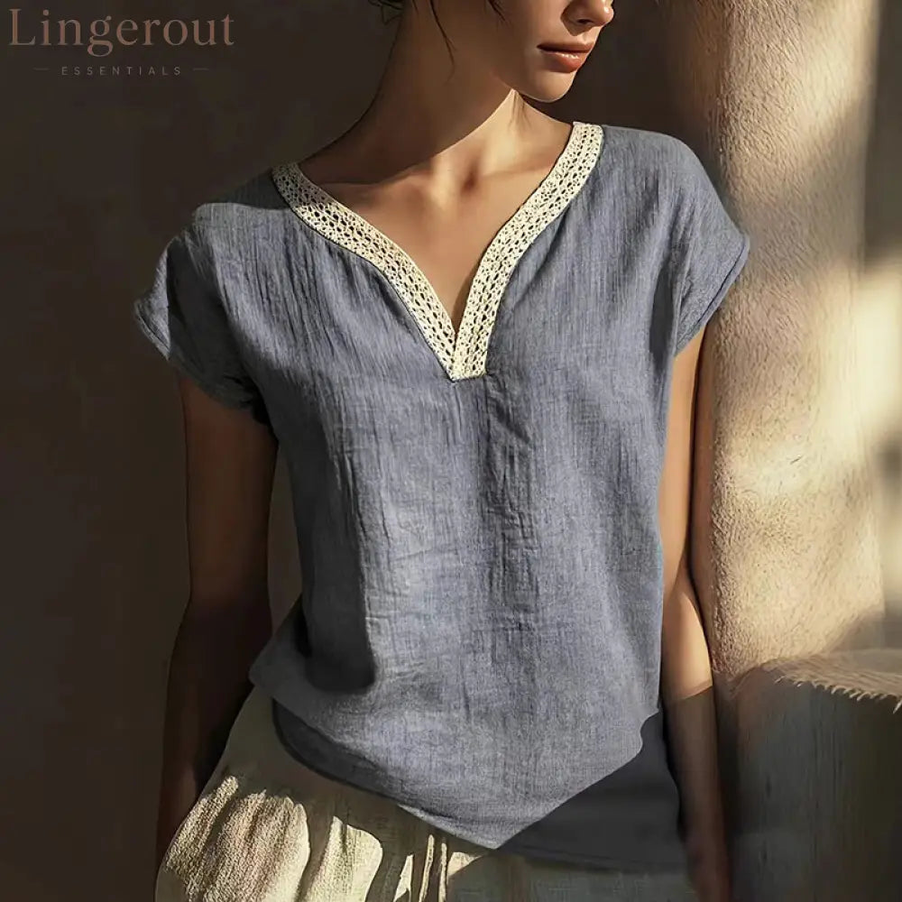 VChics Boho Vintage Lace V-neck Cotton Blend Shirt - Grey / S