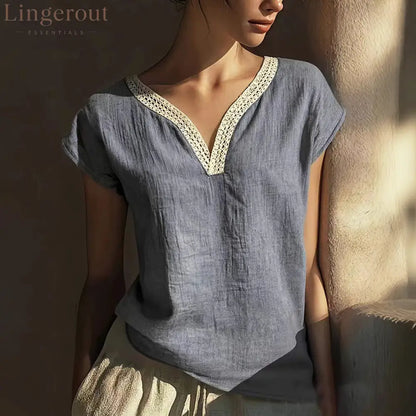 VChics Boho Vintage Lace V-neck Cotton Blend Shirt - Grey / S
