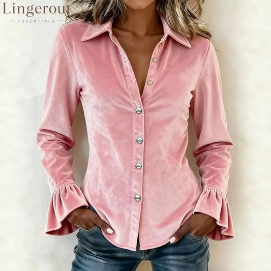 Velvet Button-Up Shirt – Soft Plush Long Sleeve Blouse with Ruffle Cuffs