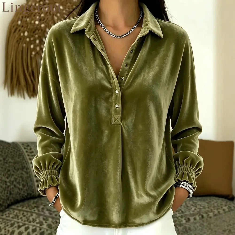 Velvet Collared Half Placket Gathered Cuff Long Sleeve Blouse