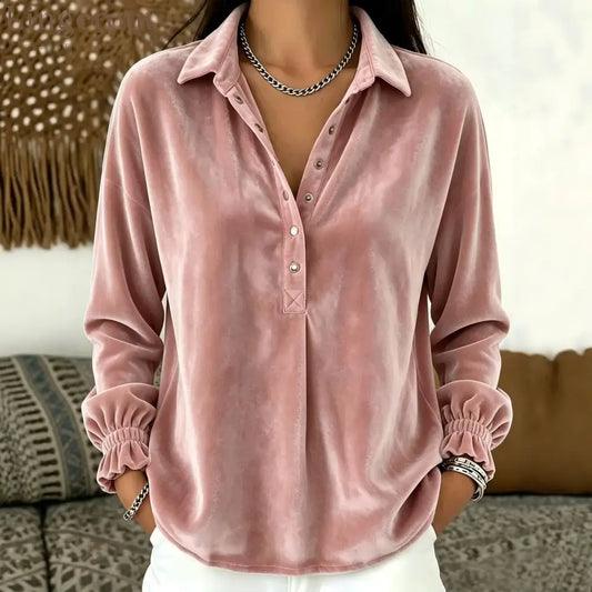 Velvet Collared Half Placket Gathered Cuff Long Sleeve Blouse