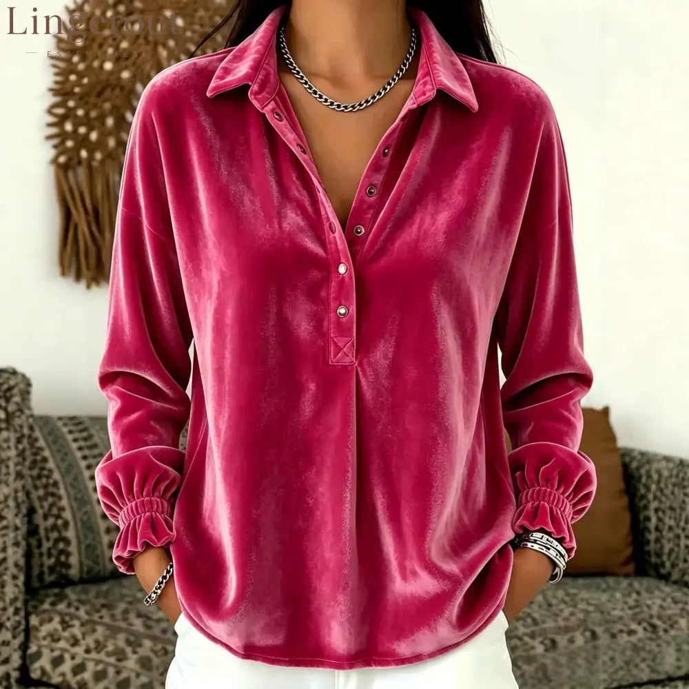 Velvet Collared Half Placket Gathered Cuff Long Sleeve Blouse