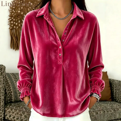 Velvet Collared Half Placket Gathered Cuff Long Sleeve Blouse