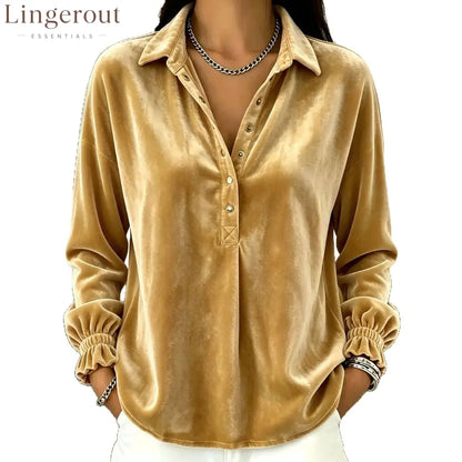 Velvet Collared Half Placket Gathered Cuff Long Sleeve Blouse