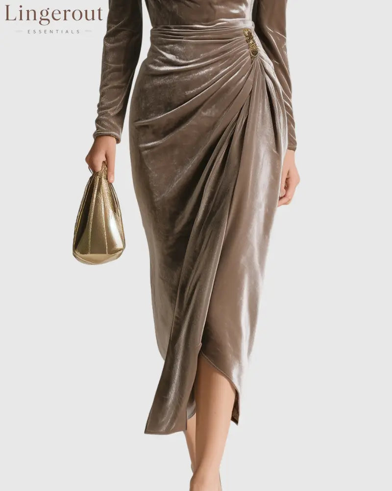 Velvet Draped Pleated Midi Dress