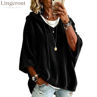 Velvet Drawstring Hooded Three-Quarter Sleeve Top