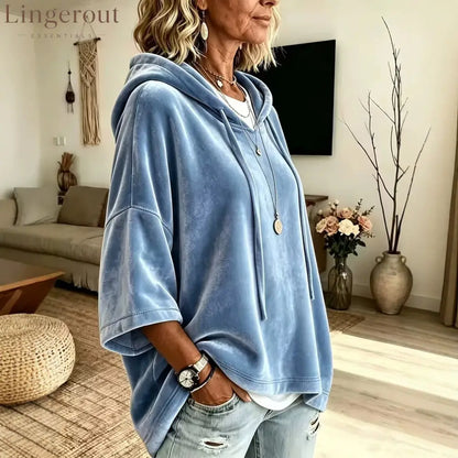 Velvet Drawstring Hooded Three-Quarter Sleeve Top